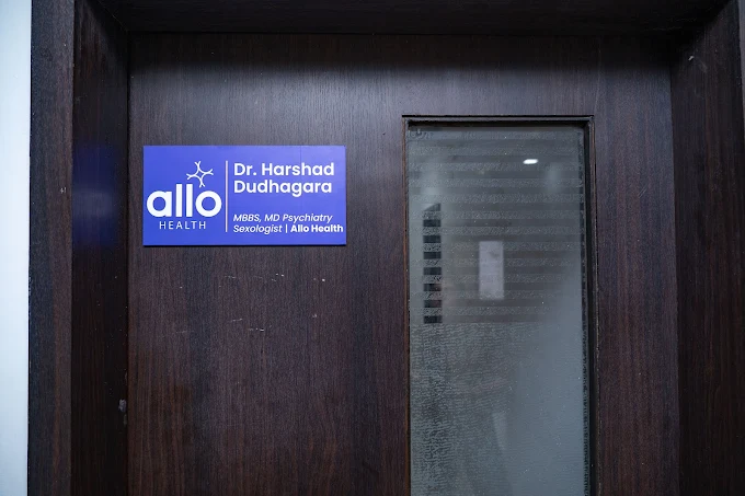 Dr. Harshad Dudhagara clinic room sign at Allo Health, Rajkot
